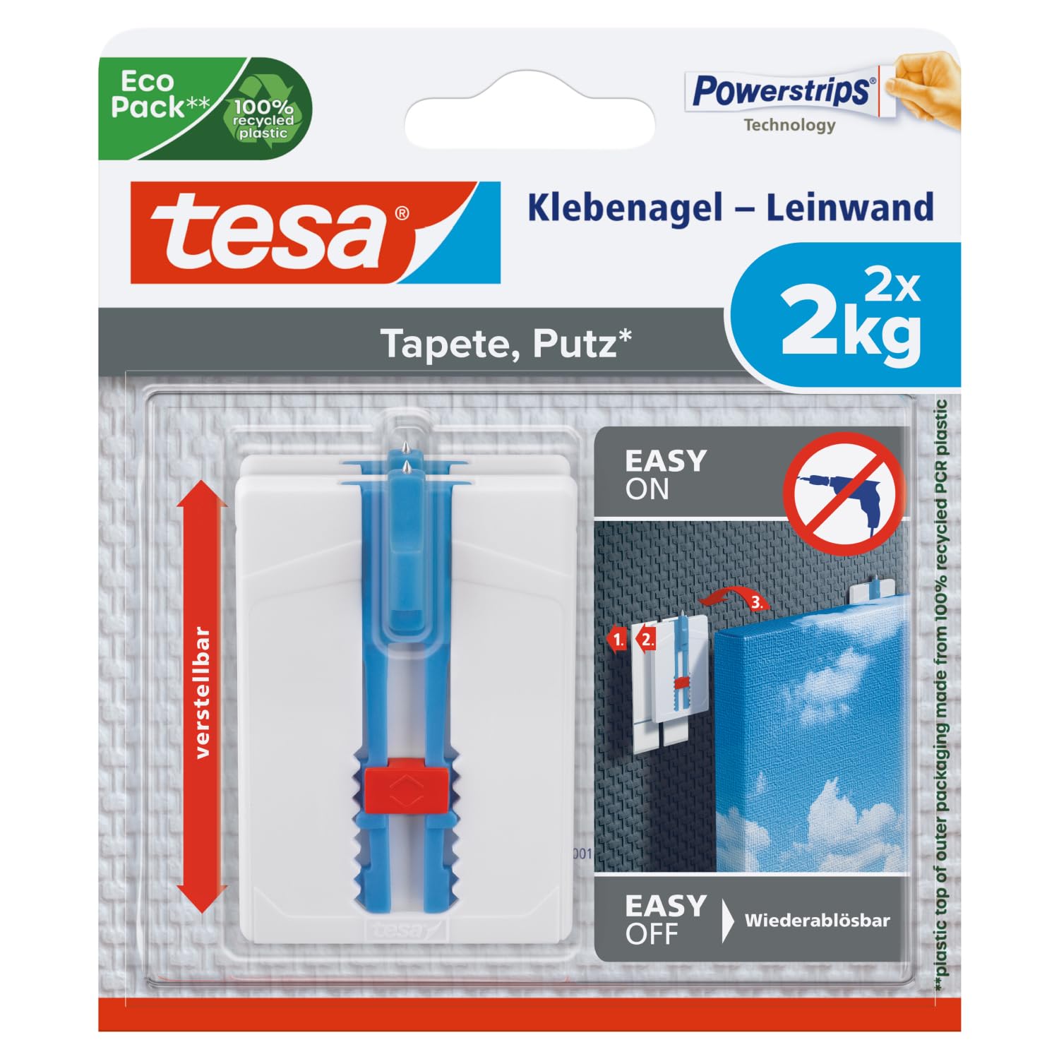 tesa adhesive nail canvas - wallpaper & plaster – adjust. in height – self-adh. nail – canvas & stretcher frame – adh. power 2kg/nail – remov. w/out trace