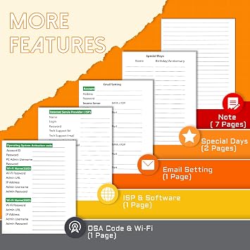 Password Keeper with Alphabetical Tabs, Internet Password Organizer for Contacts, Websitesm Special Days and Notes 6'' x5.1'', Orange