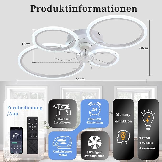 MiiR Plafondventilator met verlichting, led-plafondlamp met ventilatorafstandsbediening en stille app, dimbare plafondlamp, 96 W, met ventilator, voor slaapkamer, woonkamer, eetkamer, verlichting photo 2