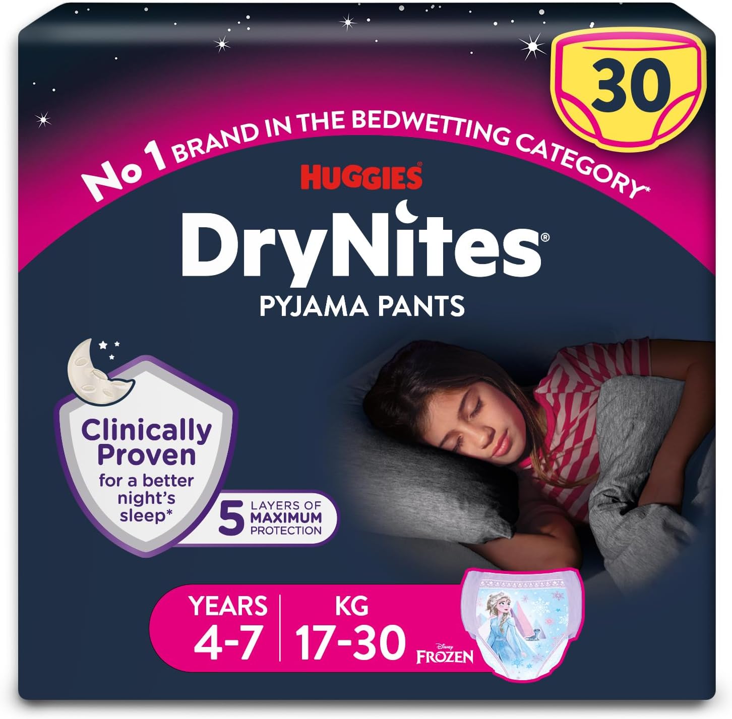 DryNites Pyjama Pants, Girl's 4-7 Years (17-30KG), 30 x Bedwetting Pants, Up to 100% Leak Free Nights