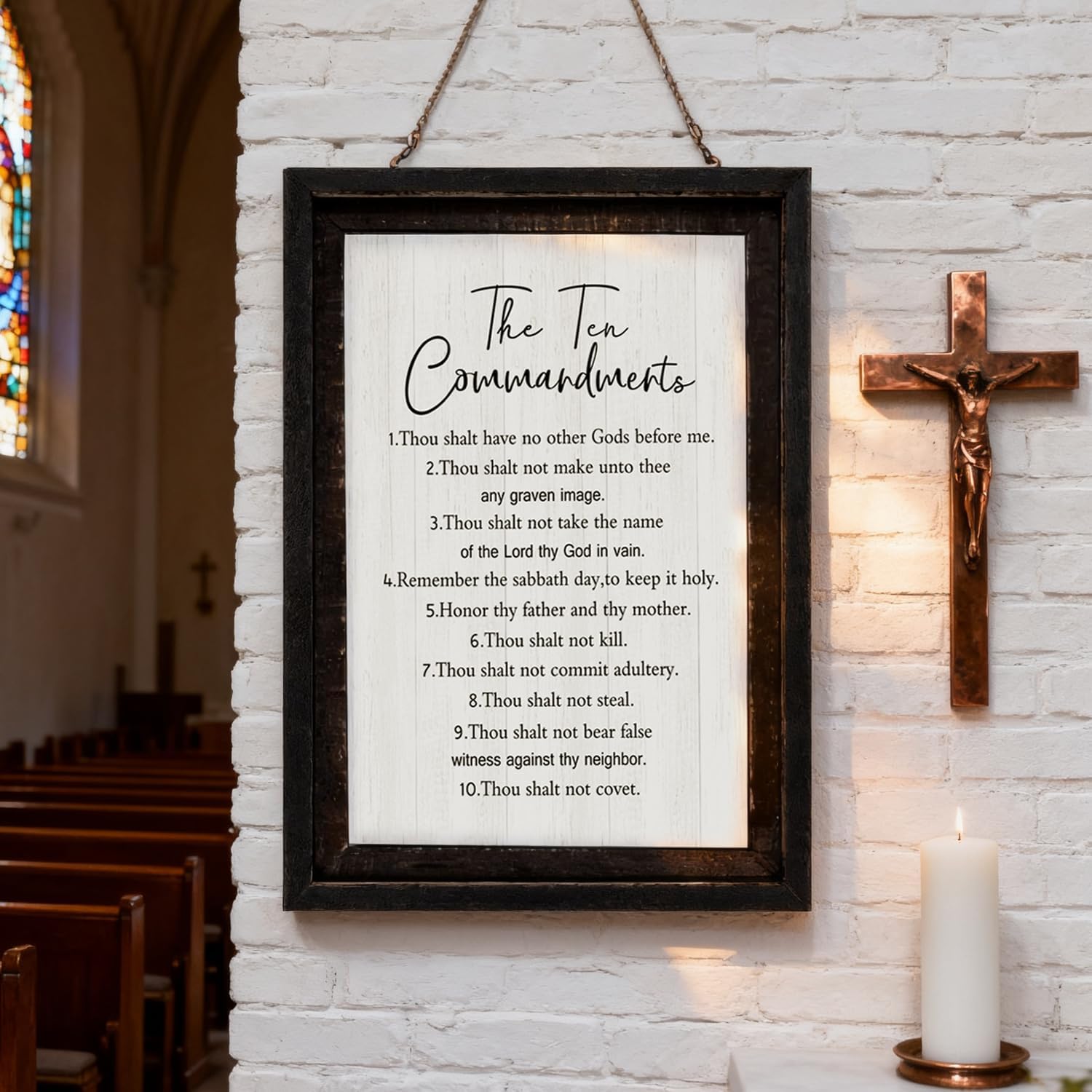The Ten Commandments Rustic Bible Verse Framed Wall Art, 16''×23'' Positive Religious Christian Saying Sign, Vintage Horizontal Holy Inspirational Catholic Scripture Decor for God Jesus Christ Prayer