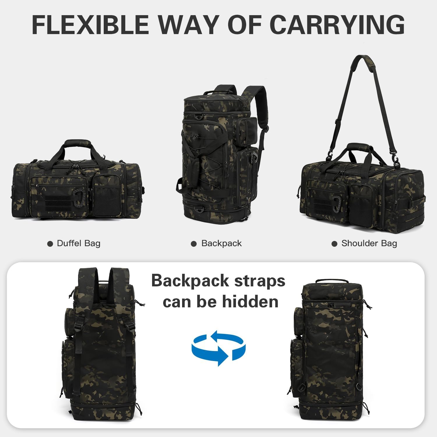 3 in 1 Tactical Travel Duffle Bag Backpack for Men Women 40-45L Expandable Gym Bag & Sport Duffel Bags for Travel with Shoe Compartment & Wet Pocket, Weekend Overnight bag for Caming, Camo - Image 4