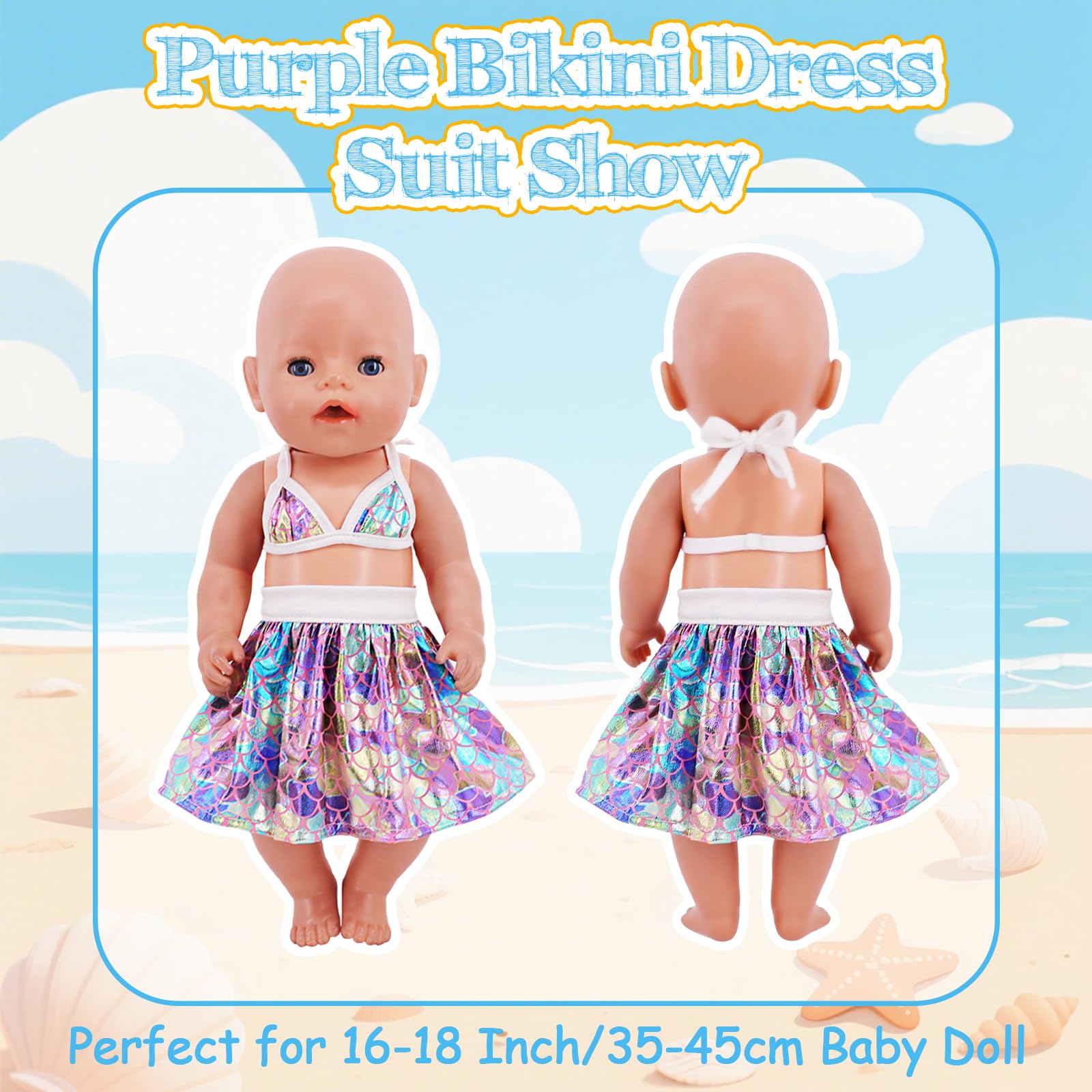 Xerteam Doll Clothes for 14-18 Inch Baby Doll, 2 Sets Swimming Dolls Clothes, Bikini Swimsuit, One-Piece Swimsuit, Cap - Image 4