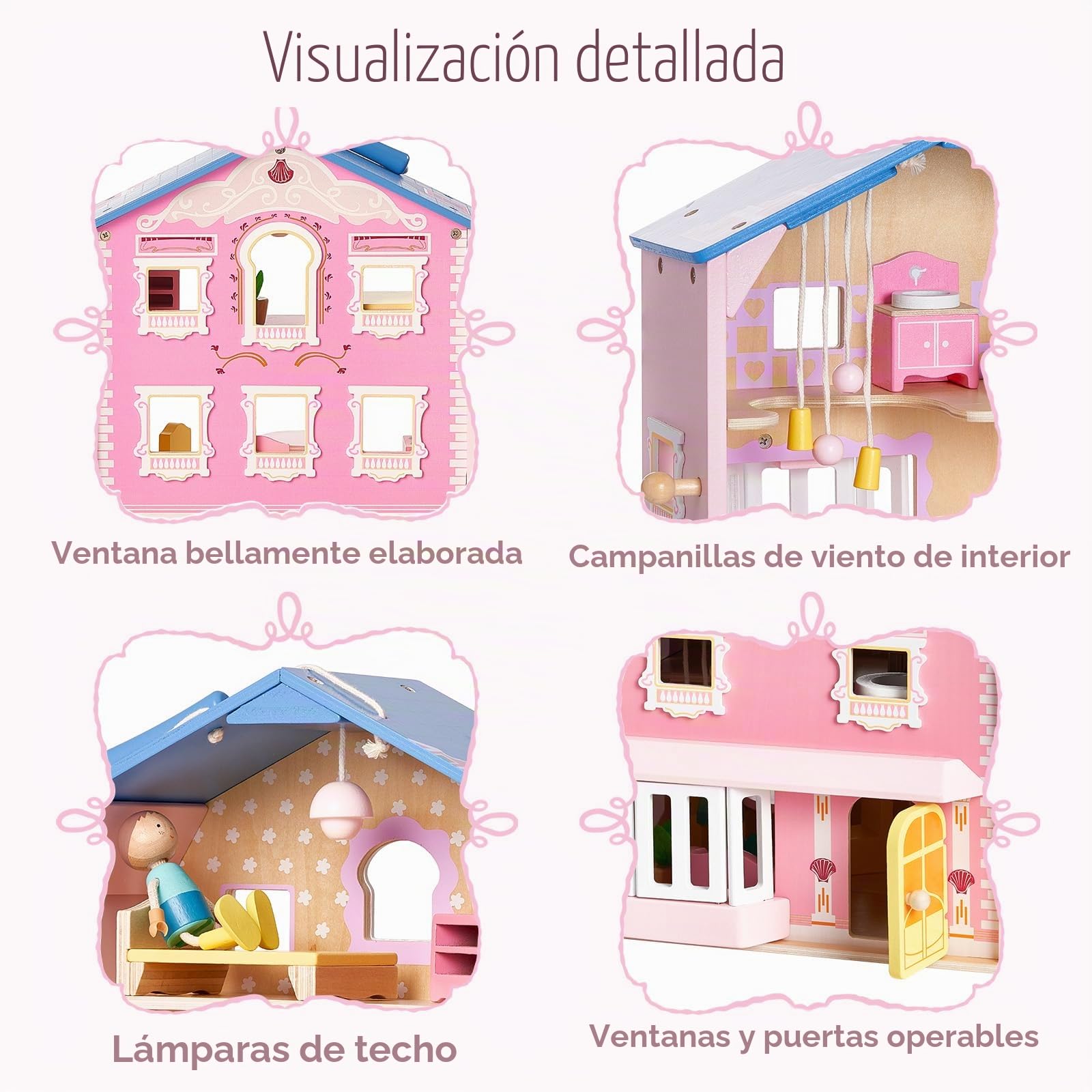 Giant Bean Exquisita casa de muñecas de Madera Rosa para niñas con 2 muñecas y 12 Muebles de Madera, Juego de casa de Juego Plegable y portátil con asa, Regalo de cumpleaños de Navidad para niñas a
