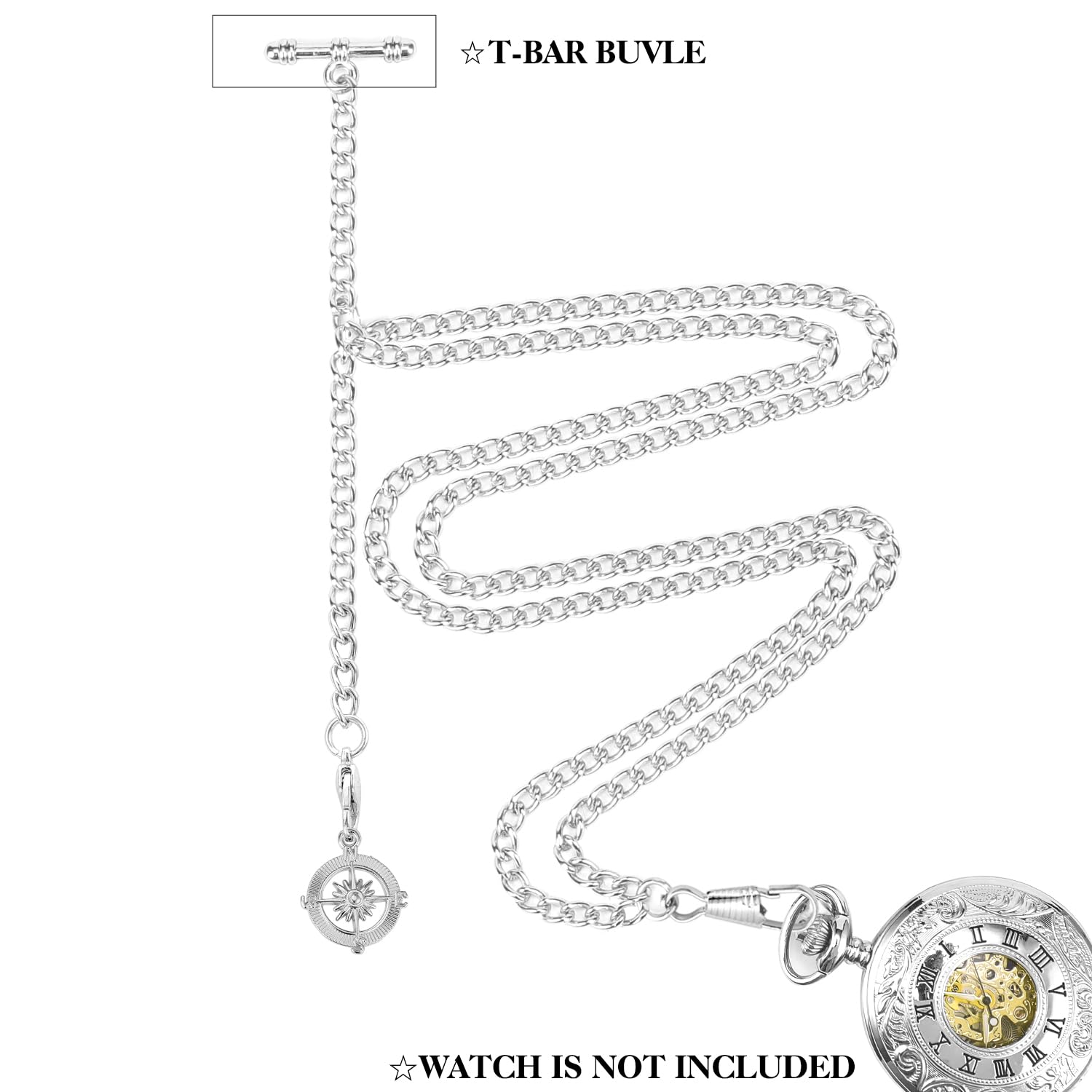 ManChDa Pocket Watch Albert Chain Pocket Watch and Chain, T-Bar Chain with Compass Pendant, Curb Link Chain 2 Hook Antique Fob T Bar for Men