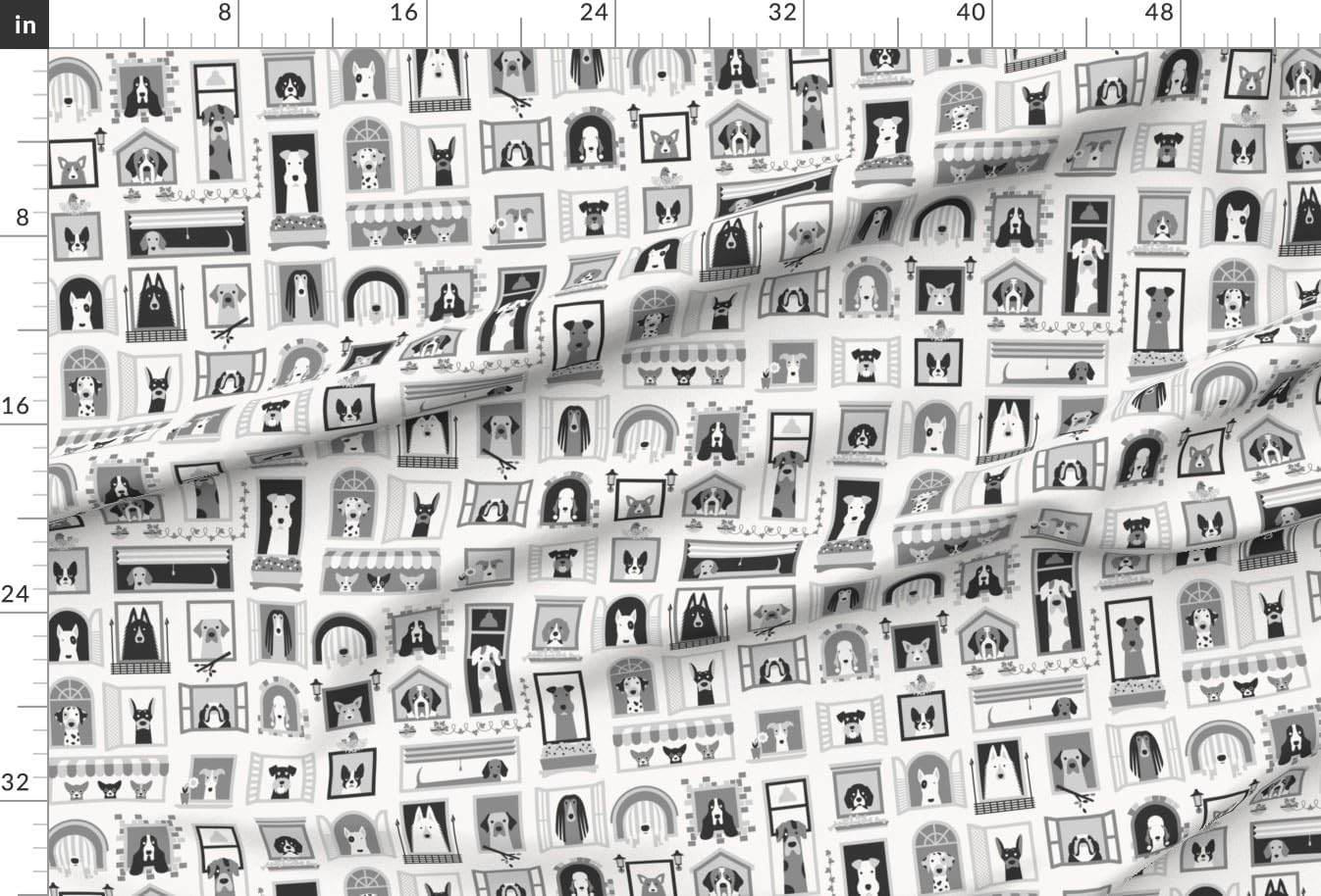 Spoonflower Fabric - Doghouse Windows Puppies Rescue Dogs Black White Illustration Printed on Minky Fabric by The Yard - Sewing Baby Blankets Quilt Backing Plush