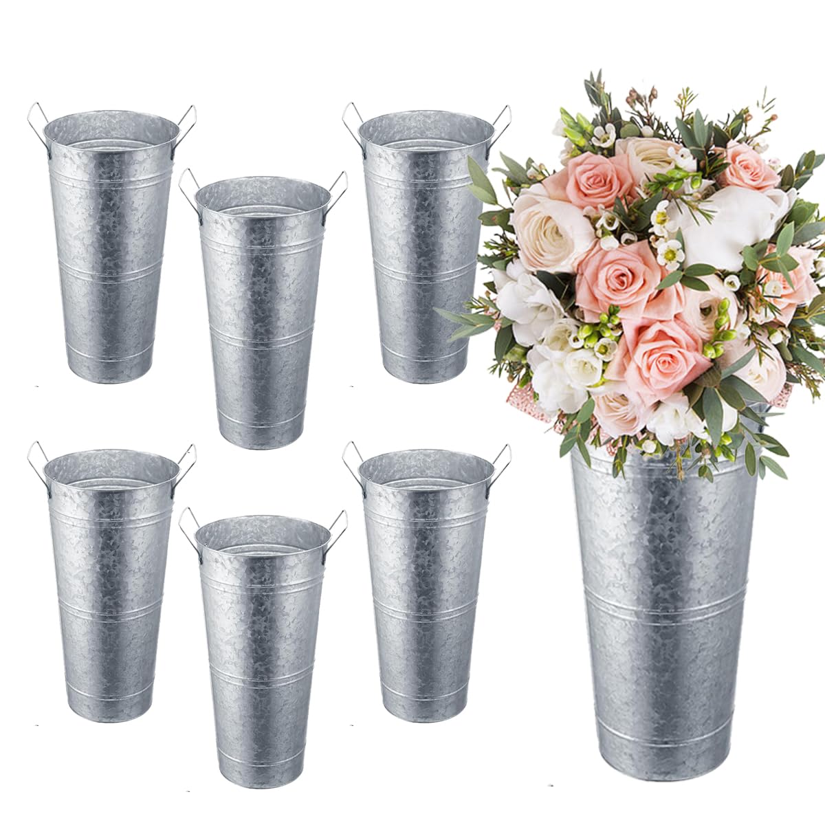 6 Pack Galvanized Metal Vases 9 Inch Flower Buckets Bulk Farmhouse French Flowers Bucket Metal Bucket Decor for Home Decor and Wedding Table Centerpiece Decorations (Silver)…