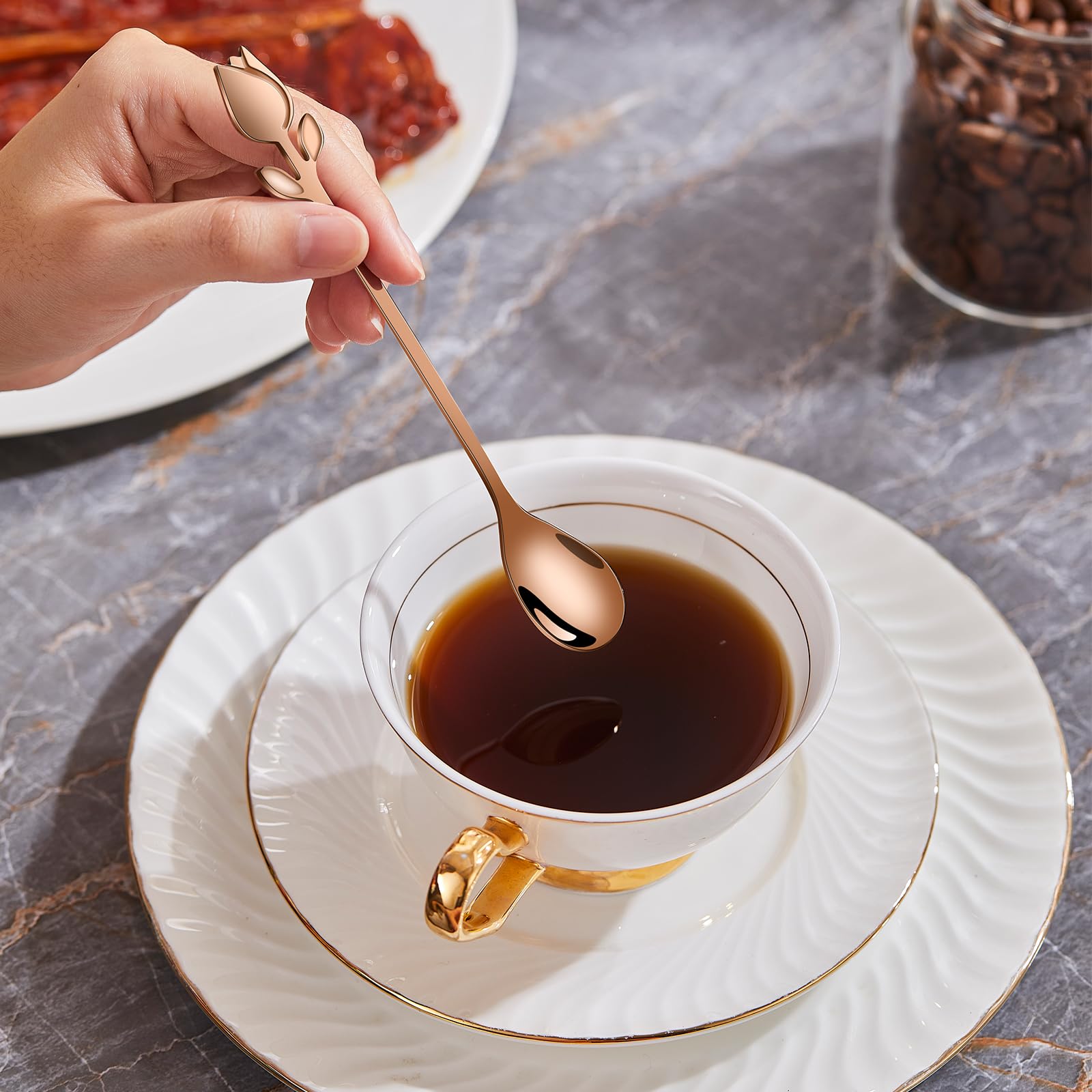 Juego de 12 mini cucharas de café con mango de tulipán de oro rosa, acero inoxidable de 6 pulgadas para espresso, té, postre, ideal para demitasse y porciones pequeñas