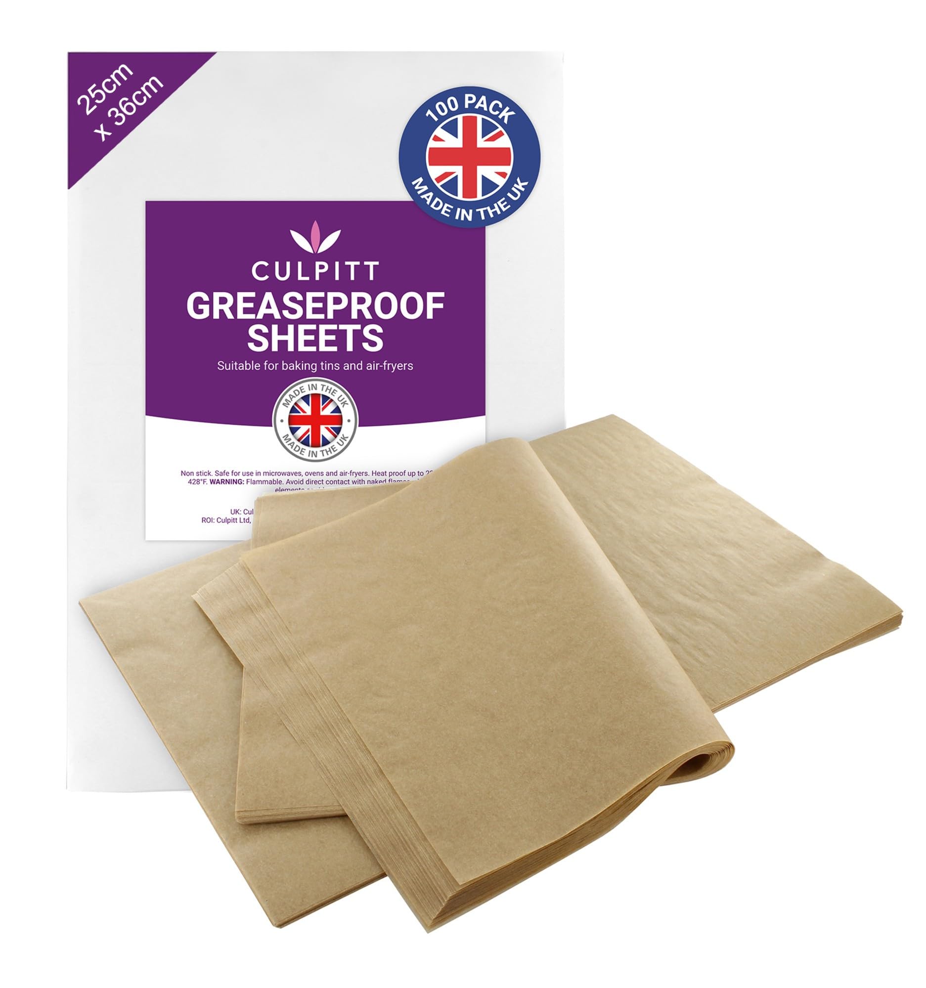 Culpitt Greaseproof Paper Sheets | Kraft Brown | 100 | Pre Cut Parchment Baking Paper For Baking, Freezing, Serving, Airfrying, Displaying | Cookies, Cakes, Pastries, Sandwiches - 25cm x 36cm - 100