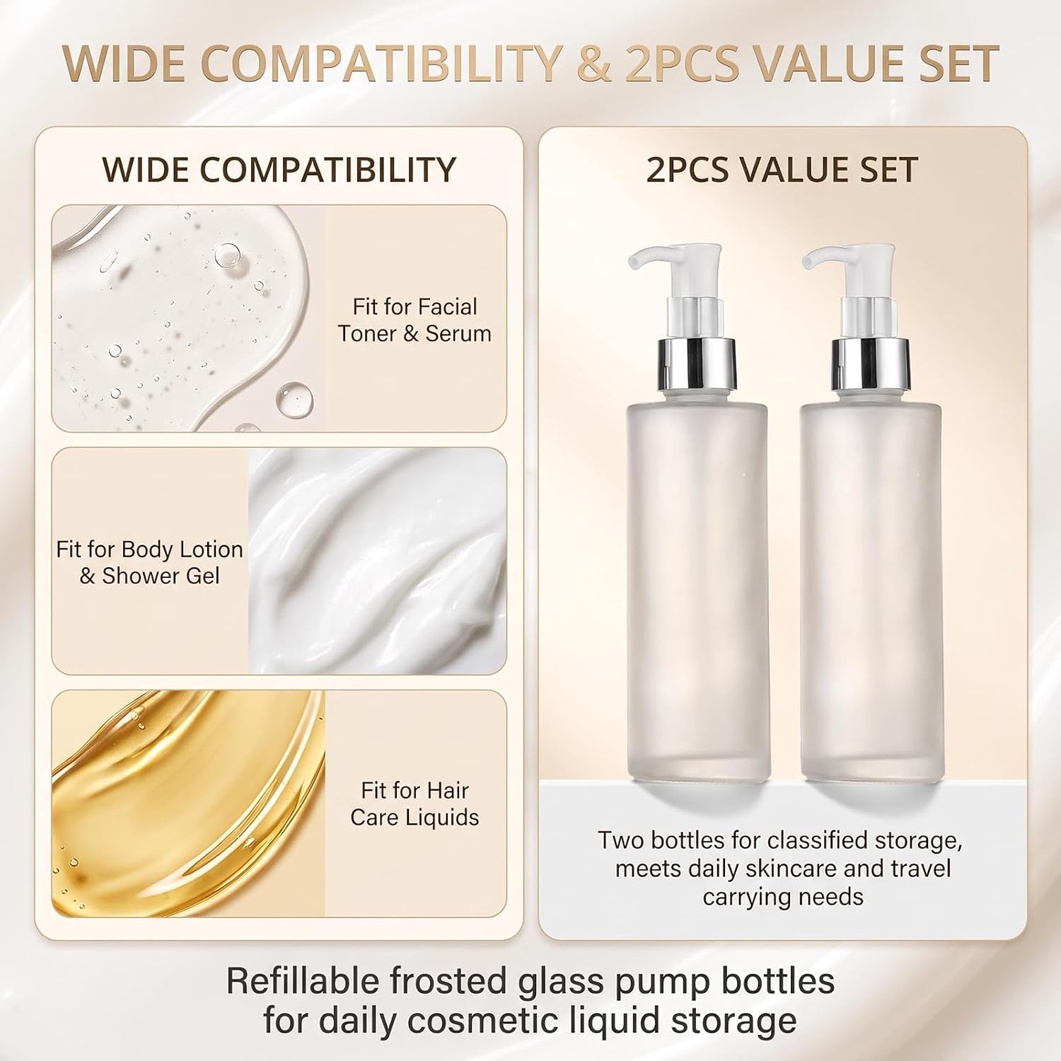 2 Pack 120ml/4oz Leak-Proof Frosted Glass Pump Bottles with Silver Pumps, Refillable Travel Lotion Dispensers for Skincare, Shampoo & Body Wash