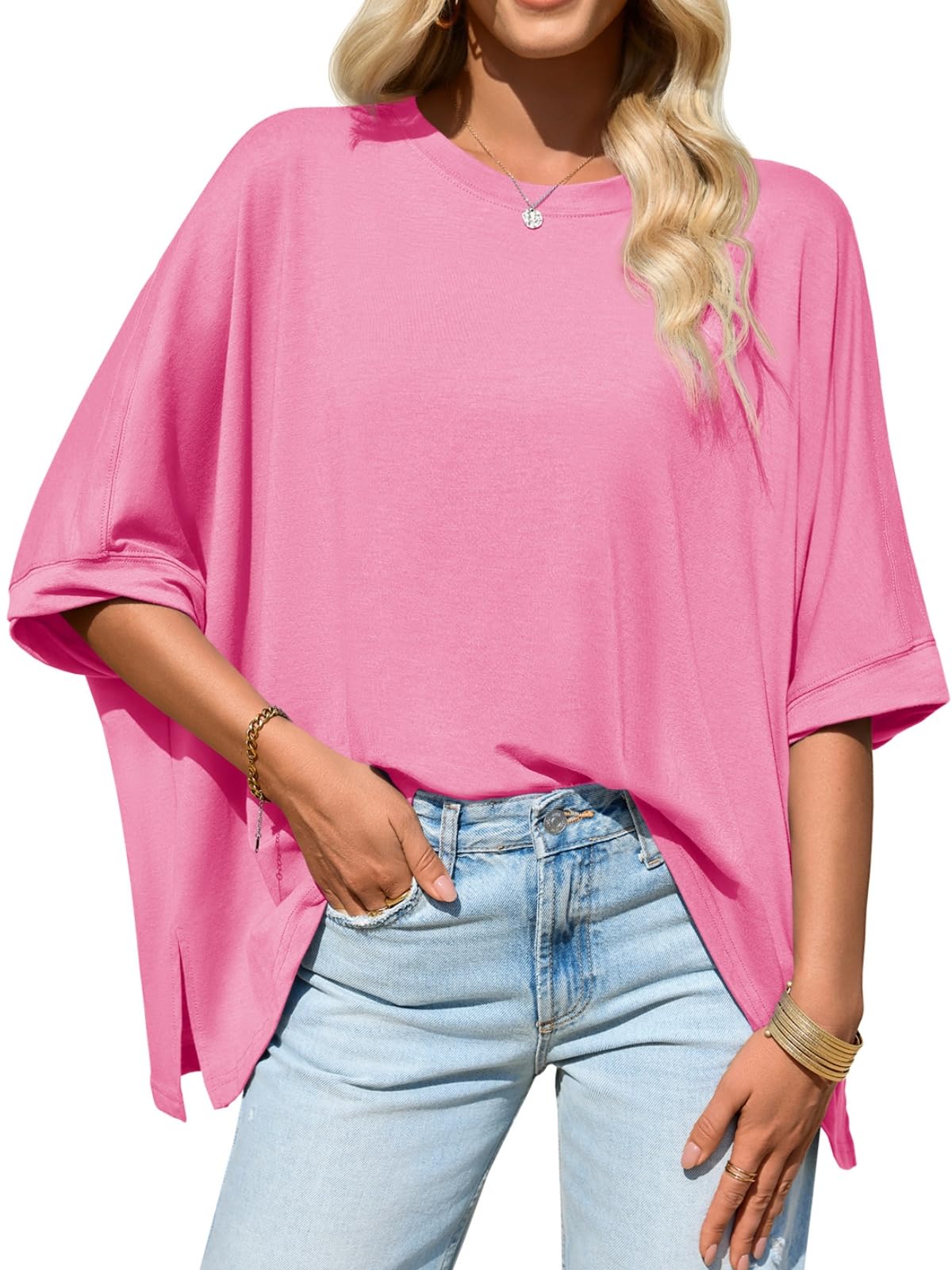 Tankaneo Womens Oversized Tshirts Batwing Short Sleeve Asymmetric Hem Tops