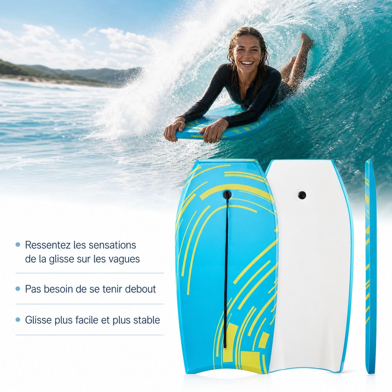 Planche de Bodyboard Bleue avec Noyau en Mousse EPS et Leash de Poignet, Planche de Boogie pour Plage, mer et Sports Nautiques