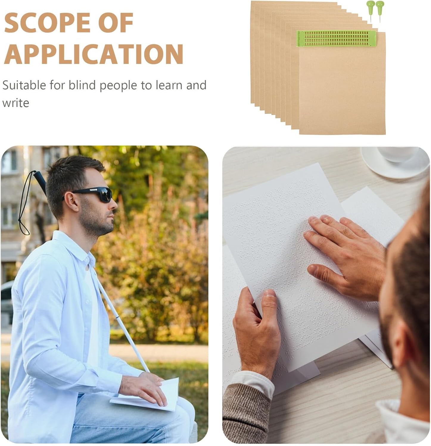 Braille Writing Board with Stylus and 20 Sheets Braille Paper Set, 4-line 28-Cell Plastic Blind People Writing Board and Visual Impairment Learning Aid