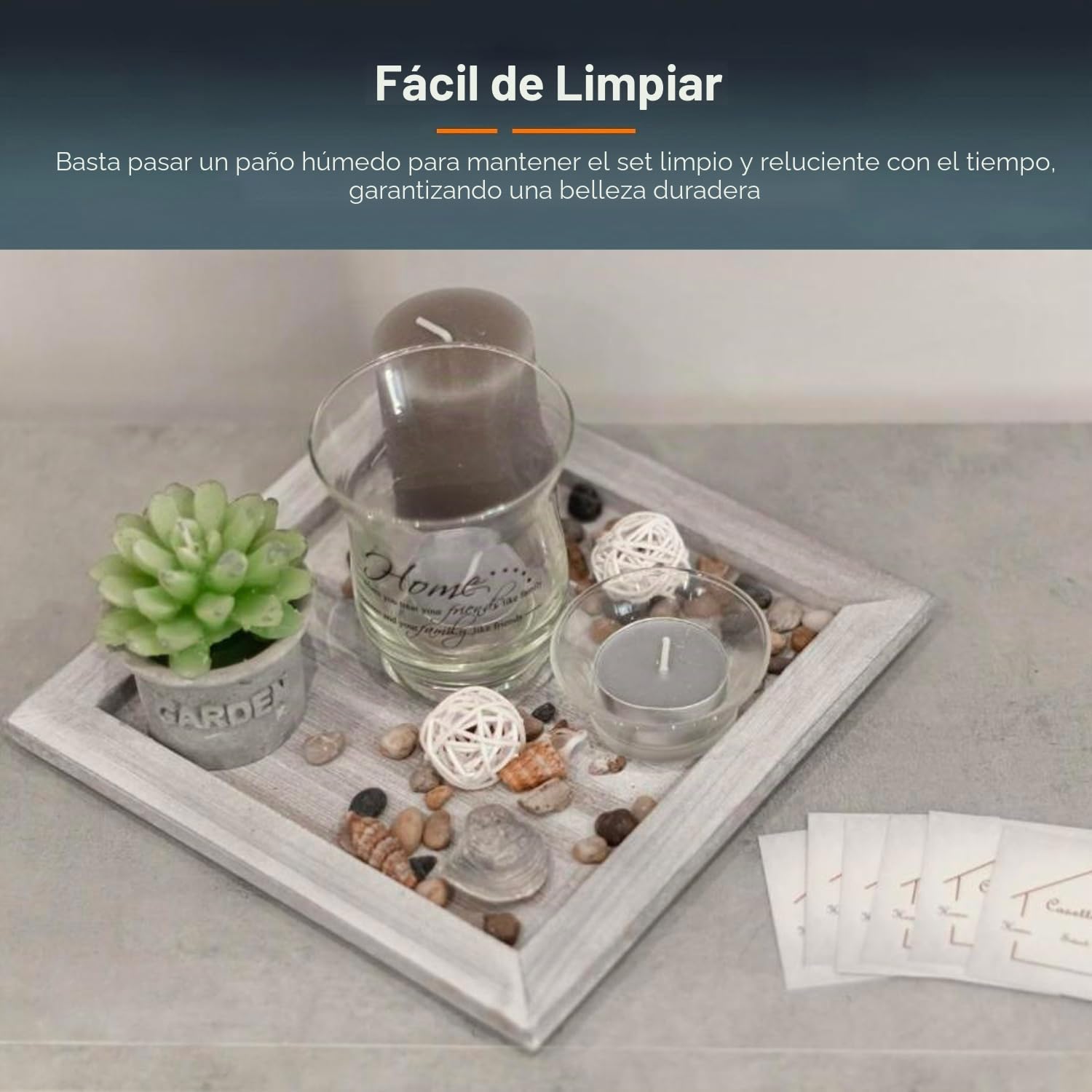 Centro de Mesa Decorativo con Plato y 2 portavelas y Velas – Juego de Piedras Decorativas, de Madera y Cristal, 20 x 20 cm, marrón, para Estudio, Dormitorio, salón