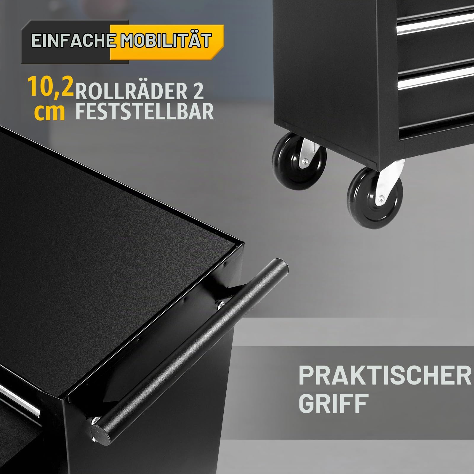 Bonnlo Werkstattwagen 7 Fächer mit Seitenregal, Werkzeugwagen leer abschließbar mit Griff & Rollen, Werkzeug-Wagen Rollwagen für Werkstatt, Garage, Lager, Rot