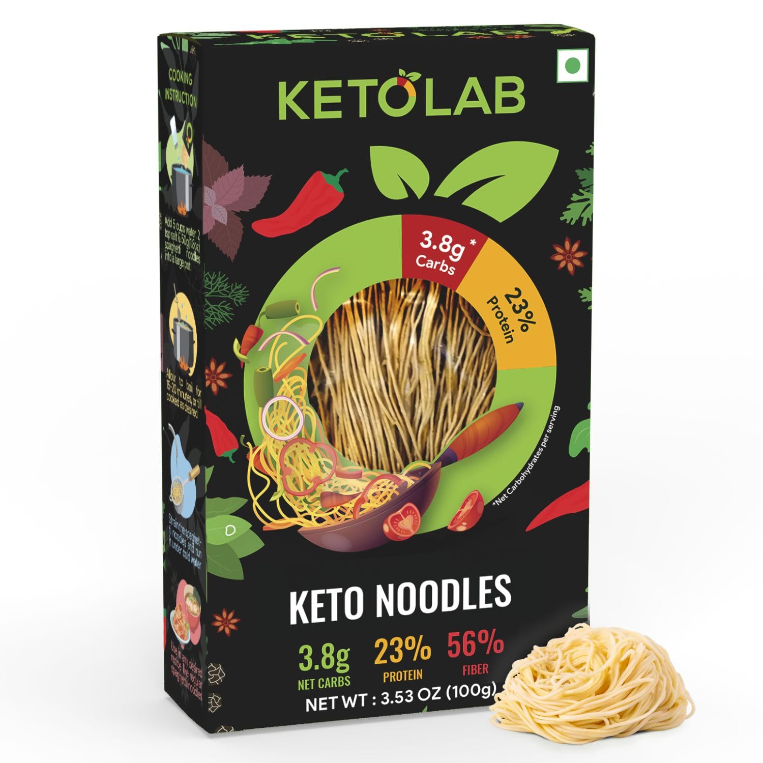 Ketolab Keto Noodles Spaghetti, 300 Gms, 1 Pack, 3.8g Net Carb & 11g High Protein/Serving, Identical to Regular Noodles, Ultra Low Carb, Pre-Biotic High Fibre, For Keto Diet and Weight Loss