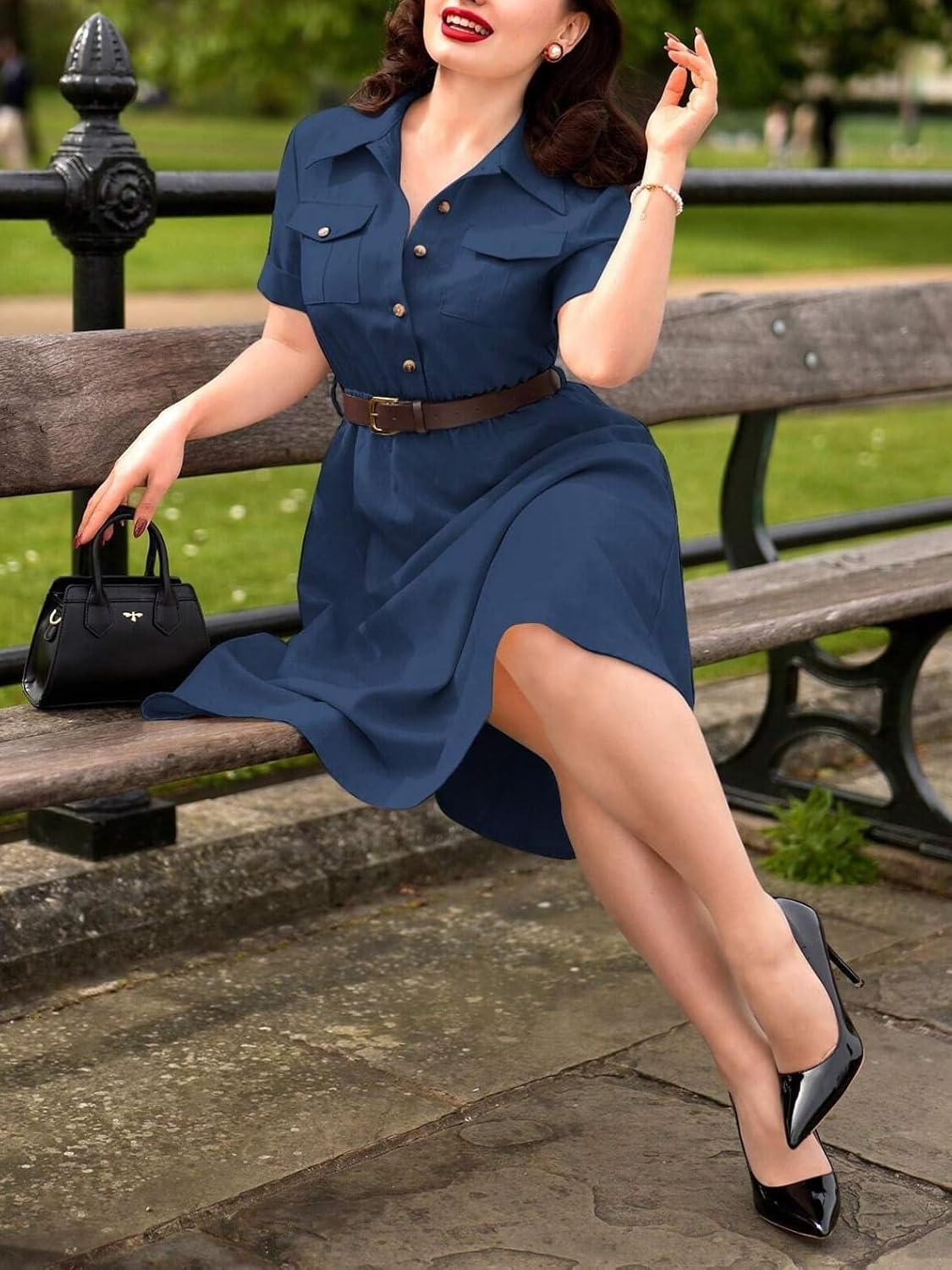 Womens Vintage Elegant Short Sleeve Shirt Collar Dress With Pockets Knee Length Dresses For Women