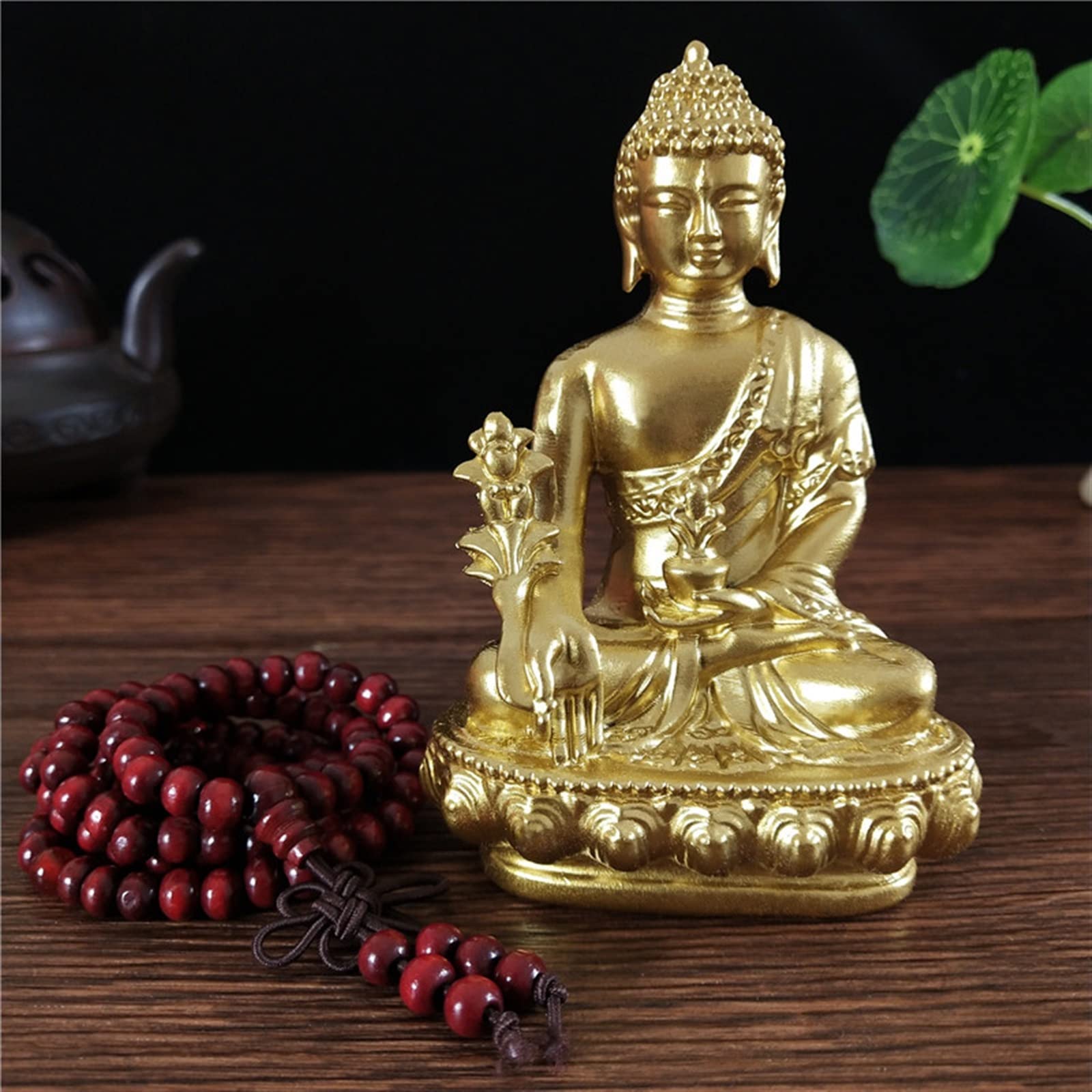 XJBTBA Posągi Buddy do wystroju wnętrz Mini figurka Buddy Kolor brązu Medycyna Posąg Buddy Z naszyjnikiem Ozdoba Żywica Feng Shui Rzeźba Buddy Biuro w domu Dekoracja ogrodowa Prezent Posągi Buddy f