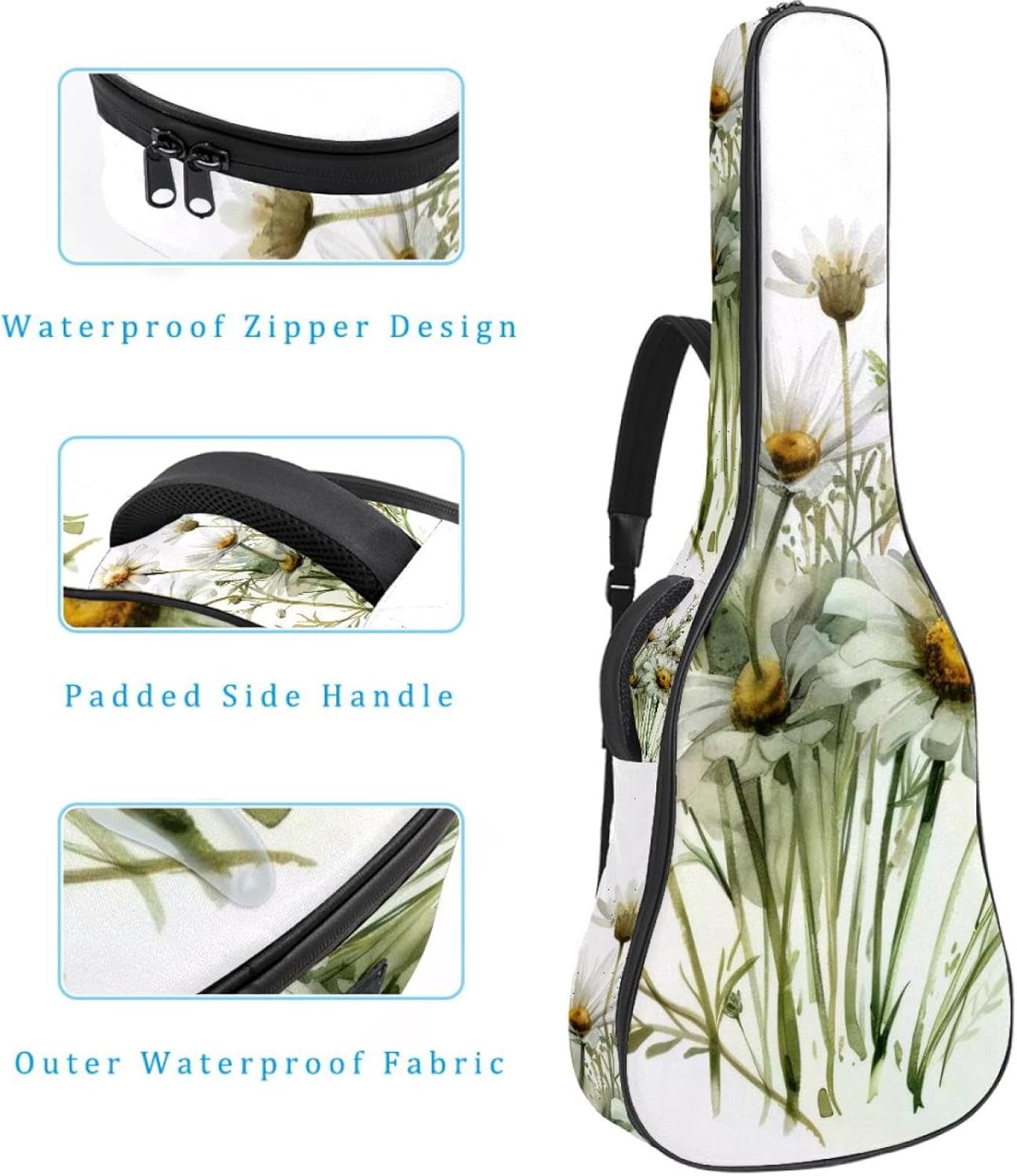Acoustic Guitar Bag, 40 41 42 Inch Guitar Case Cover Soft Guitar Gig Bag for Acoustic Electric Bass Classical Guitar, Watercolor White Chamomile Flowers