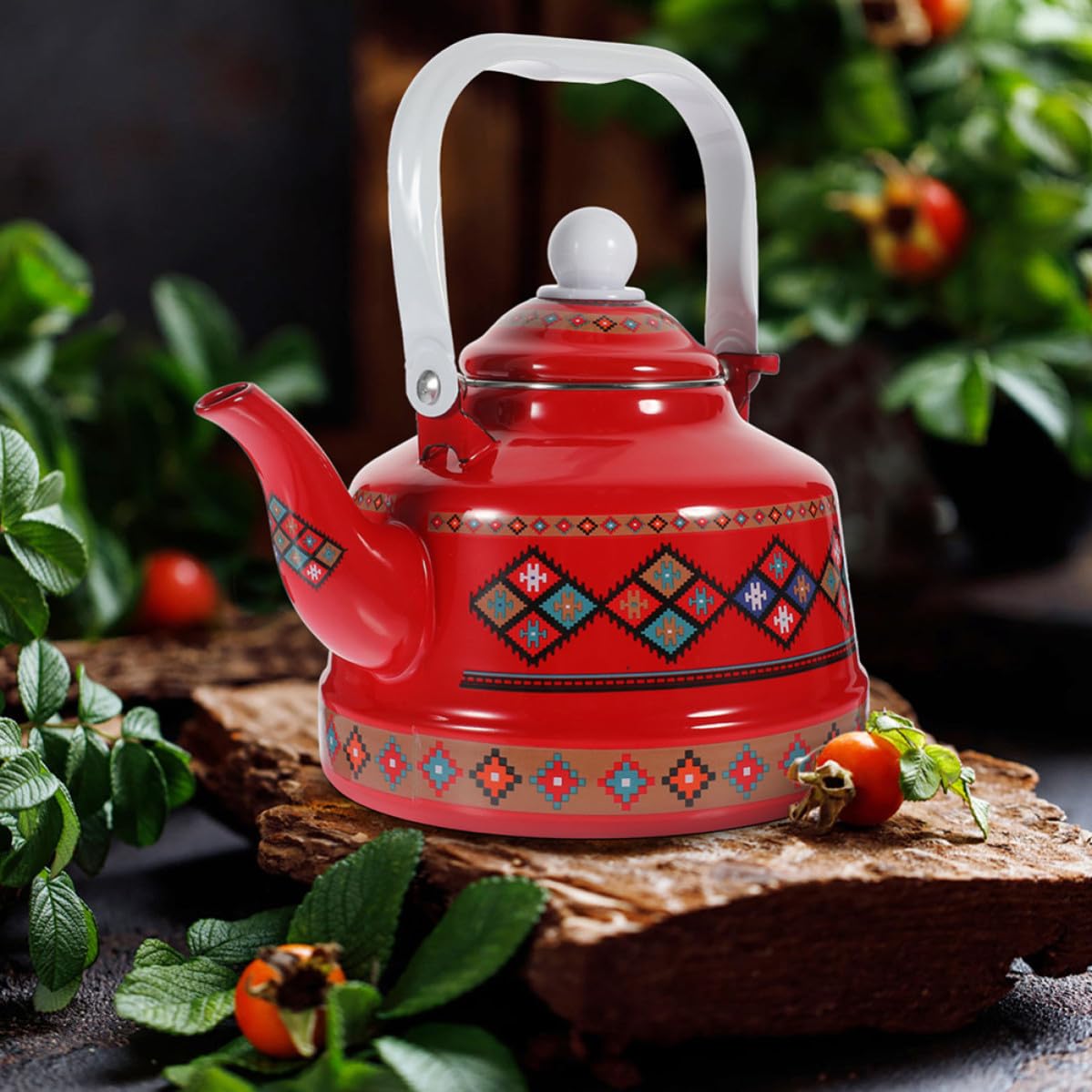 LALAFINA Vintage Emaille Teekessel 2,5l Rot mit Griff Hitzebeständig und Leicht zu Reinigen für Camping und Herdplatten Geeignet