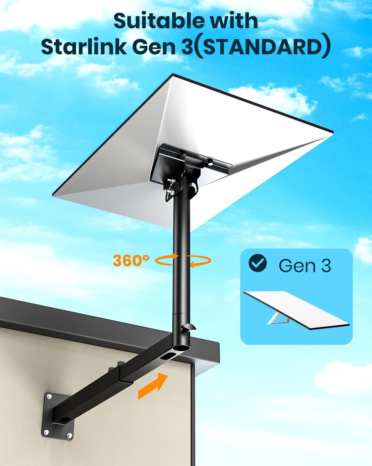 Support Starlink Gen 3 réglable à 360°, Support de mât Starlink avec adaptateur de tube Starlink Gen 3, Kit de montage mural long Starlink