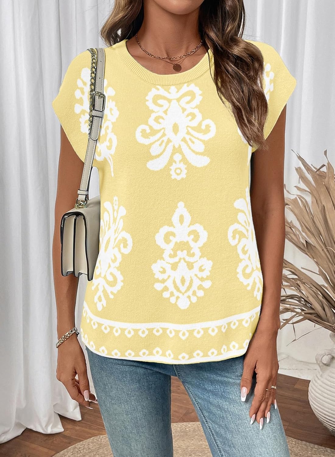 Dokotoo Women’s Sweater Vest Summer Casual Crewneck Knit Pullover Tops Lightweight Boho Printed Cap Sleeve Sweaters - Image 3