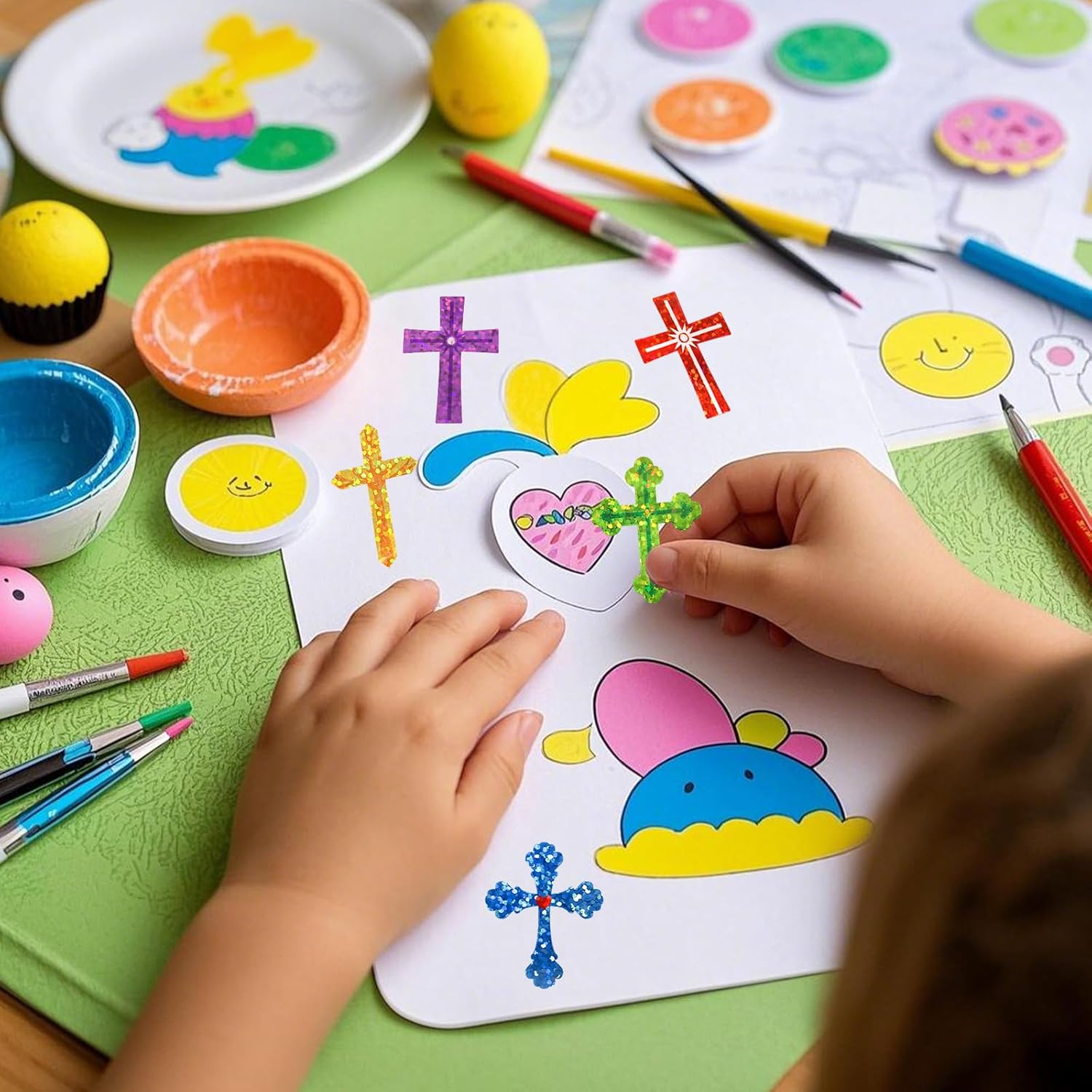 Fancy Land 600 Pcs Cross Stickers Glitter Easter Religious Jesus Christian Stickers for Kids Scrapbook Classroom Church Sunday School Supplies