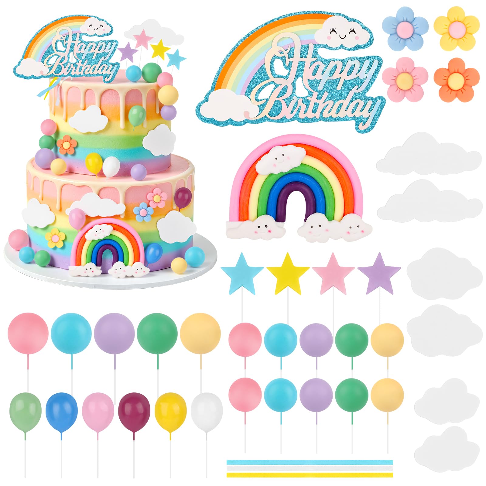Hooqict 33 PCS Rainbow Cake Topper with Daisy Flower Pastel Balls Boho Rainbow Cake Decorations for Wedding Girls Boys Groovy Hippie Birthday Party Decorations Supplies — image 1
