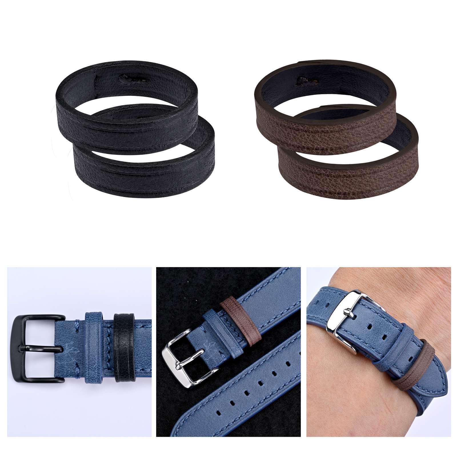 Correas de reloj, 4 correas de reloj de cuero de repuesto de 0.709 in (negro + marrón oscuro) 4