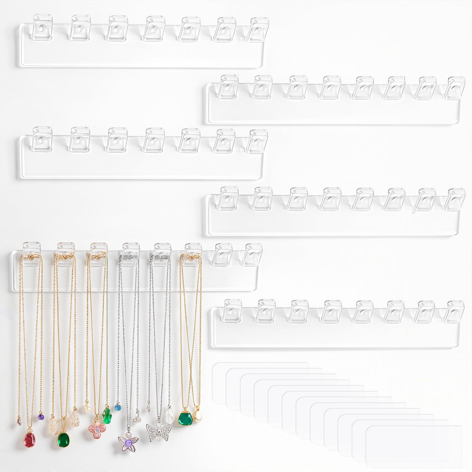 Notoke 3-Pack Acrylic Necklace Holder - Wall Necklace Organizer Hanging Jewelry Organizer with 8 Hooks for Necklaces, Bracelets, Rings and Bangles Display Hangers