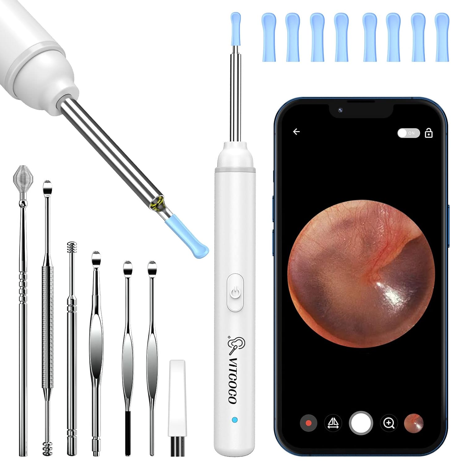 VITCOCO Otoscopio 3mm 1920P HD WiFi Endoscopio Limpiador de Oidos con 6 Luces LED para Eliminación de Cerumen para iOS/Android