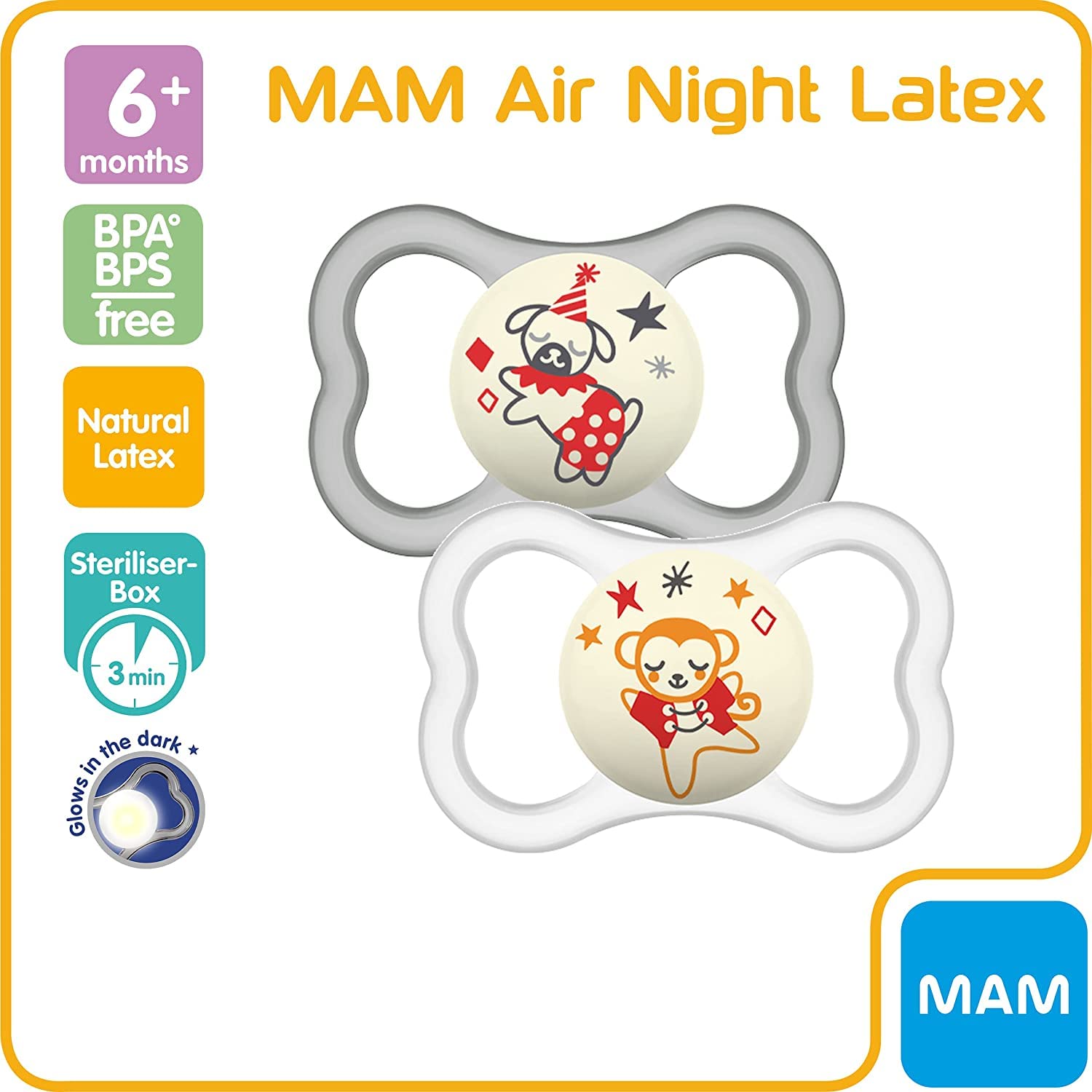 Intrucciones en lengua extranjera - MAM Chupetes de látex de 6 meses + (paquete de 2), que brillan en la oscuridad con estuche de viaje autoesterilizante, esenciales para recién nacidos, verde/blanco