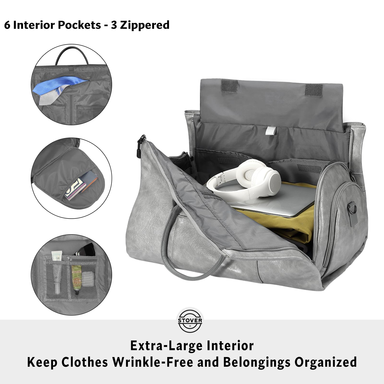 STOVER Bolsa de viaje grande 2 en 1, equipaje de mano convertible para hombres y mujeres, trajes colgantes, vestidos, ropa, compartimento para zapatos, bolsa de fin de semana, Piel sintética - Gris