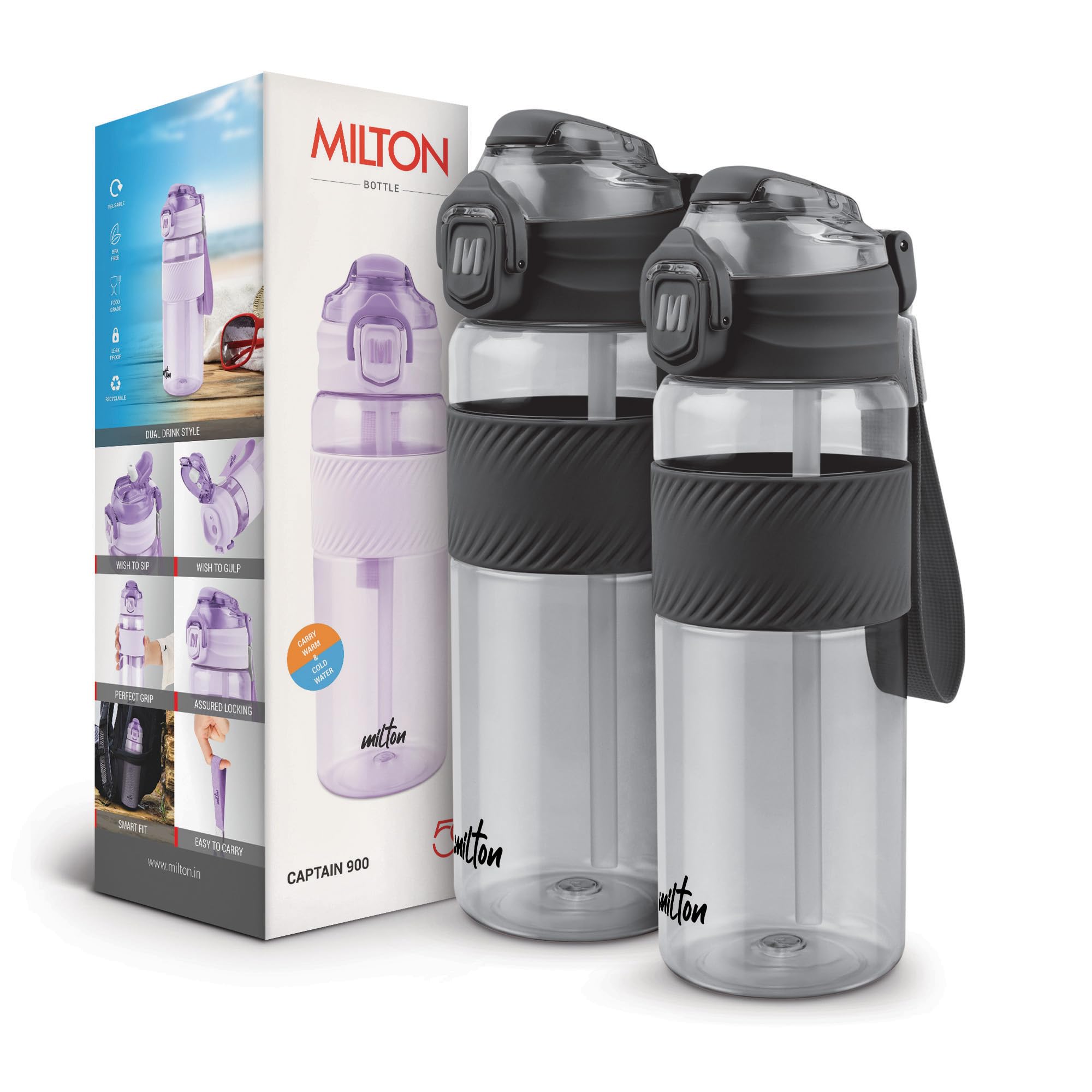 Milton Captain Unbreakable Plastic Water Bottle 850 ml Sip Plus Gulp,BPA-Free & Leak-Proof with Hand Strap,Ideal for Gym Workouts,Outdoor Adventures,School & Office Durable & Convenient,set of 2,Black