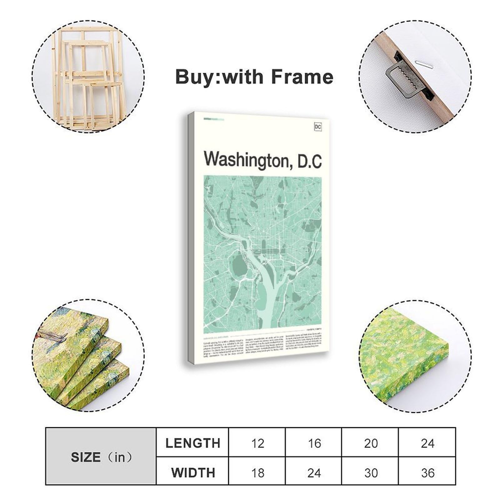 Washington DC Karte Leinwand Poster Schlafzimmer Dekor Landschaft Büro Zimmer Dekor Geschenk 50 x 75 cm