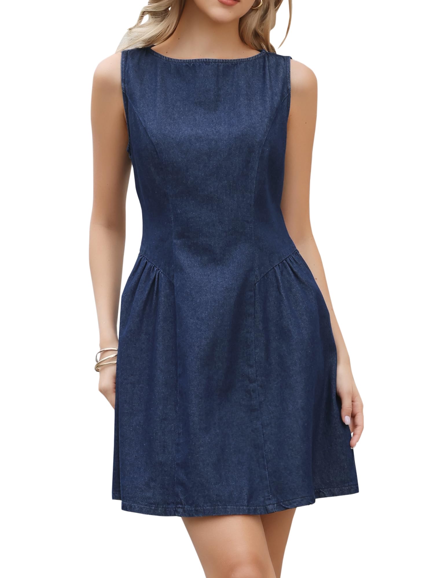 Allegra K Damen A-Linien Jeanskleid Lässiges Tanktop U-Boot Ausschnitt Ärmelloses Denim Kleid