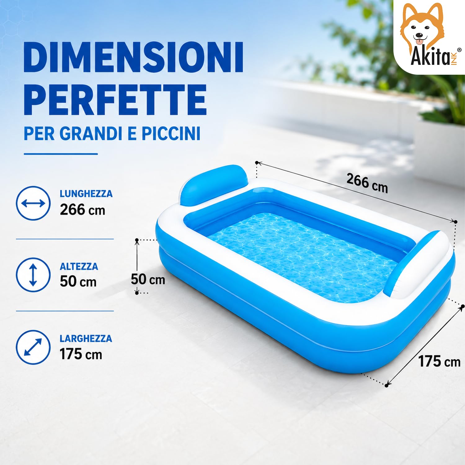 Akitaink Piscina Gonfiabile Rettangolare 266x175x50 cm con Cuscini Integrati, in Vinile Resistente per Bambini dai 3 Anni, Colore Azzurro e Bianco