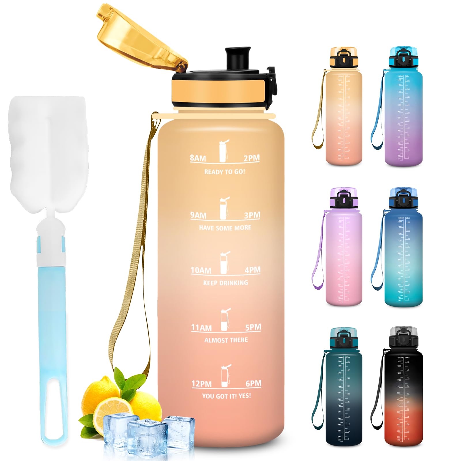 Mujigaga 1.5 Litre Water Bottle Gym Leakless Motivational Water Bottles Easy Carry Foam Bottle Brush for Triathlon Fitness Camping Yoga