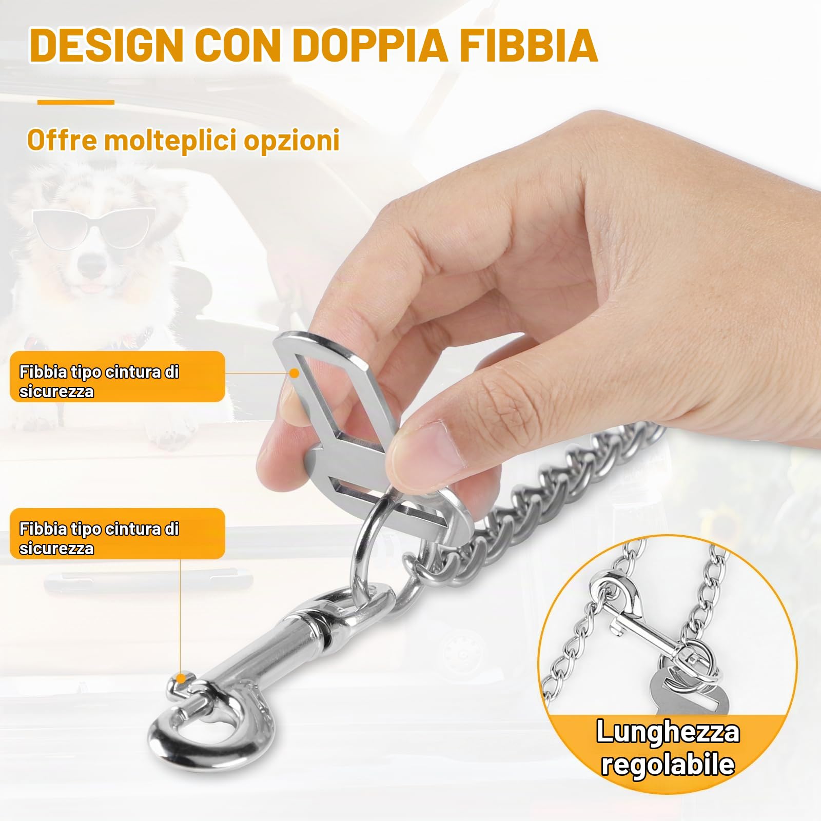 EFUTURETIME Cintura di Sicurezza per Cani Auto 53cm, Cintura Cane Auto Antimorso in Acciaio Inox 304, Guinzaglio Auto per Cani 3 in 1 per Fibbia Cintura di Sicurezza, Bagagliaio e ISOFIX
