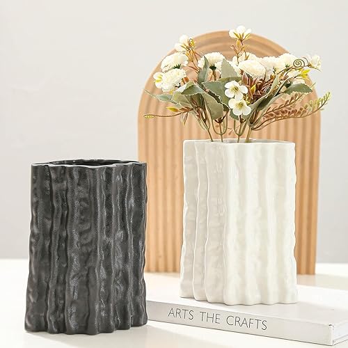 Miniatura 2 de Jarrones grandes de cerámica en blanco y negro para decoración, juego de jarrones de rombos acanalados, jarrón moderno y único, ideal para sala de