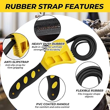 Rubber Strap Wrench - Heavy Duty Adjustable Wrench for Oil Filters, Plumbing Pipes, Jars & Water Filters, Non-Slip Strap, Yellow