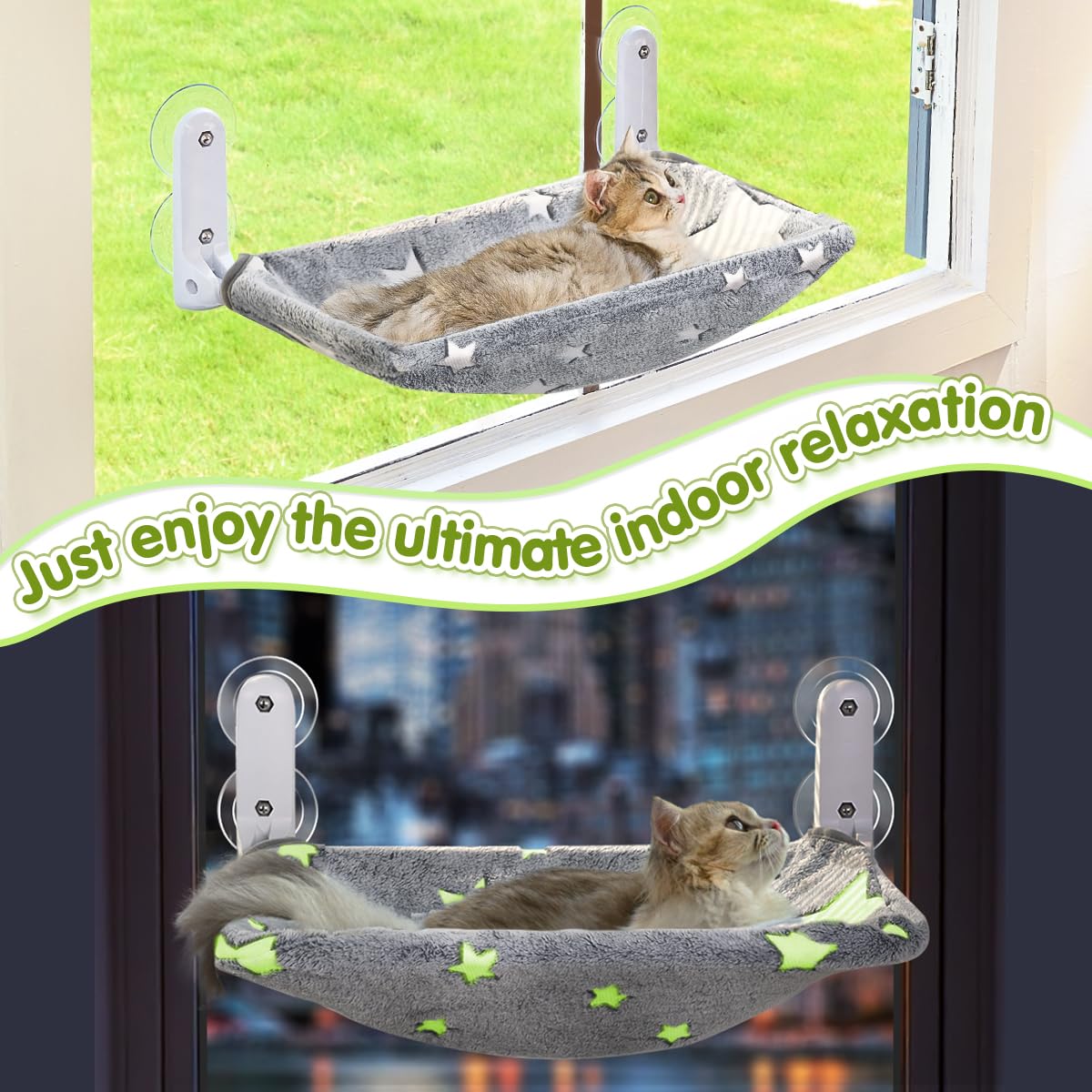 Zoratoo Percha para Ventana de Gato, Que Brilla en la Oscuridad, Hamaca Plegable inalámbrica para Ventana con Marco de Metal Resistente, patrón de Estrellas Brillantes, Asiento de Descanso para Gatos