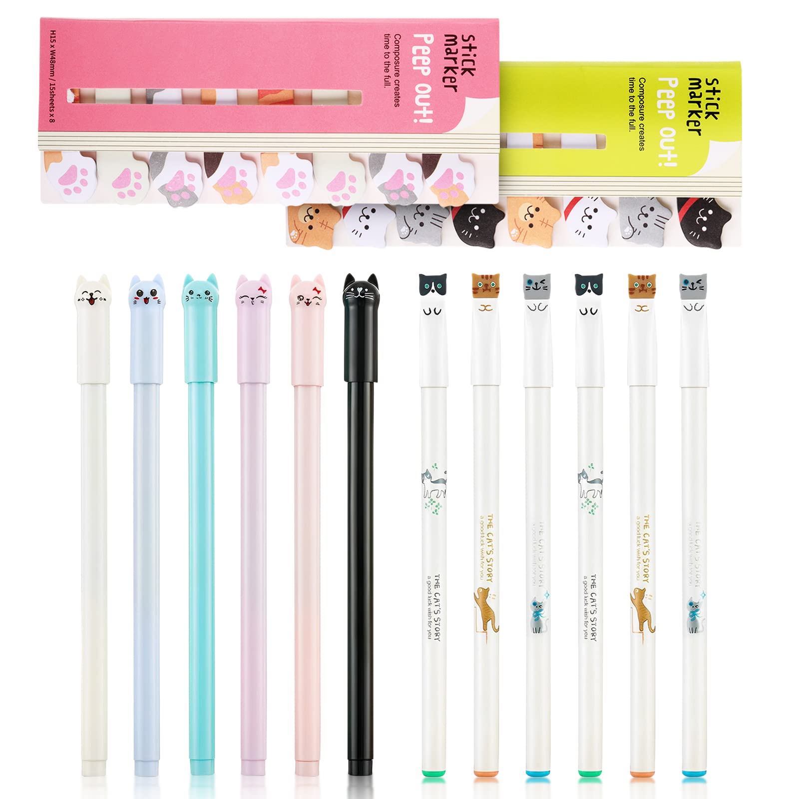 Xinjieda 12 Pieces Cute Cat Pens Cats Rollerball Erasable Pens Cute Cartoon Animal Pens Erasable Black And Blue Ink Gel Pens Cartoon Cute Cat Stationery Pencil Set Design Gel Ink Pens Writing Pen