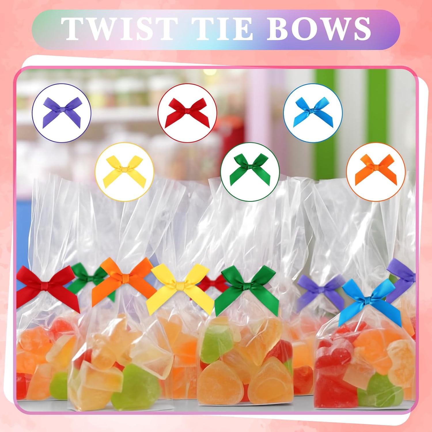 Taiyin 200 Pcs Twist Tie Bows 2.6'' mini Satin Ribbon Bows for Treat Bags Crafts, Gift Wrapping, Candy Bags, Christmas, DIY, Wedding, Party Present Decoration(Rainbow) - Image 5