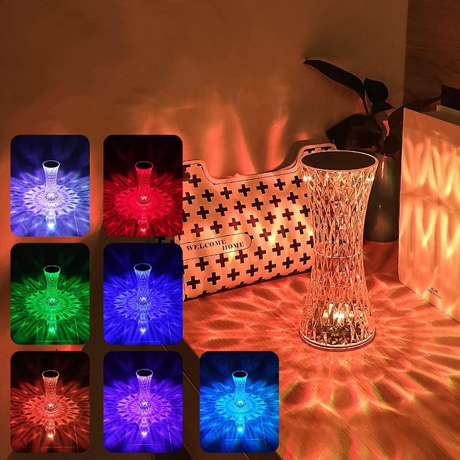 SG Crystal Double Cone Table Lamp,16 Color Touch Control Rechargeable Lamp,Acrylic Remote Control Crystal Bedside Lamp,Portable Night Light,Room Decor Desk Lamp,Bedroom,Living Room,Kitchen