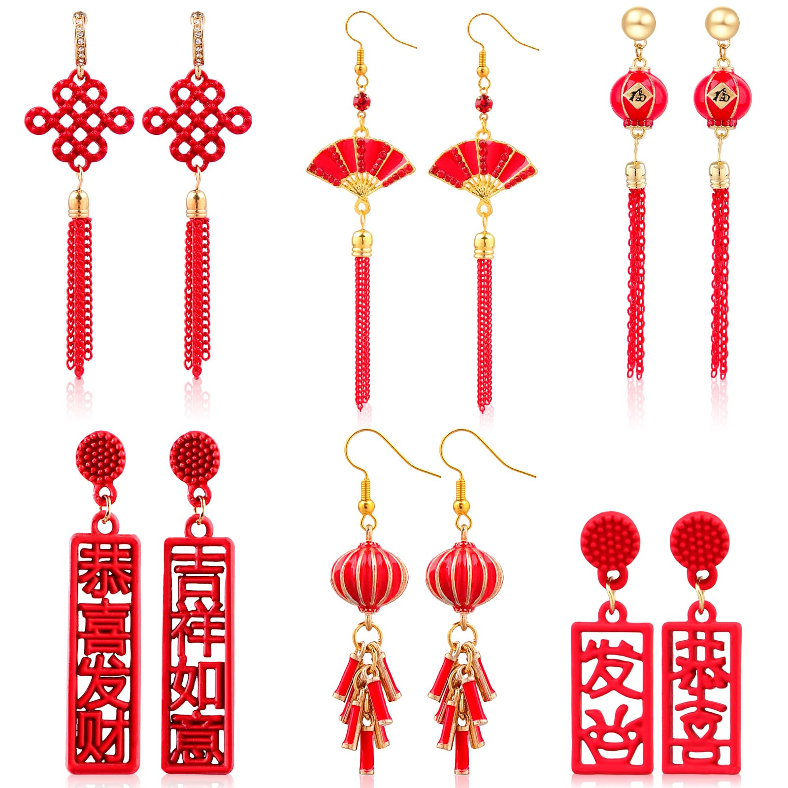 6 Pairs Red Chinese Style Earrings Lantern Firecracker Drop Earring Chinese Character Earring Fan Tassel Earring Chin-ese Knot Earrings Spring Festival Ear-ring for Chin-ese New Year Gift Accessories