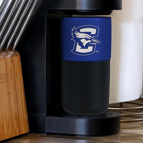 Miniatura 608 de Rico Industries NCAA Miami of Ohio Redhawks - Vaso de cerámica de 16 onzas con agarre de silicona, grabado láser profundo, diseño de color negro