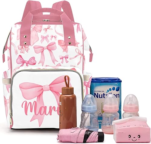 Miniatura 8 de Bolsa de pañales personalizada con lazo para bebés, niñas y niños con nombre, mochila personalizada para pañales, Bolsa de pañales con lazo 02,
