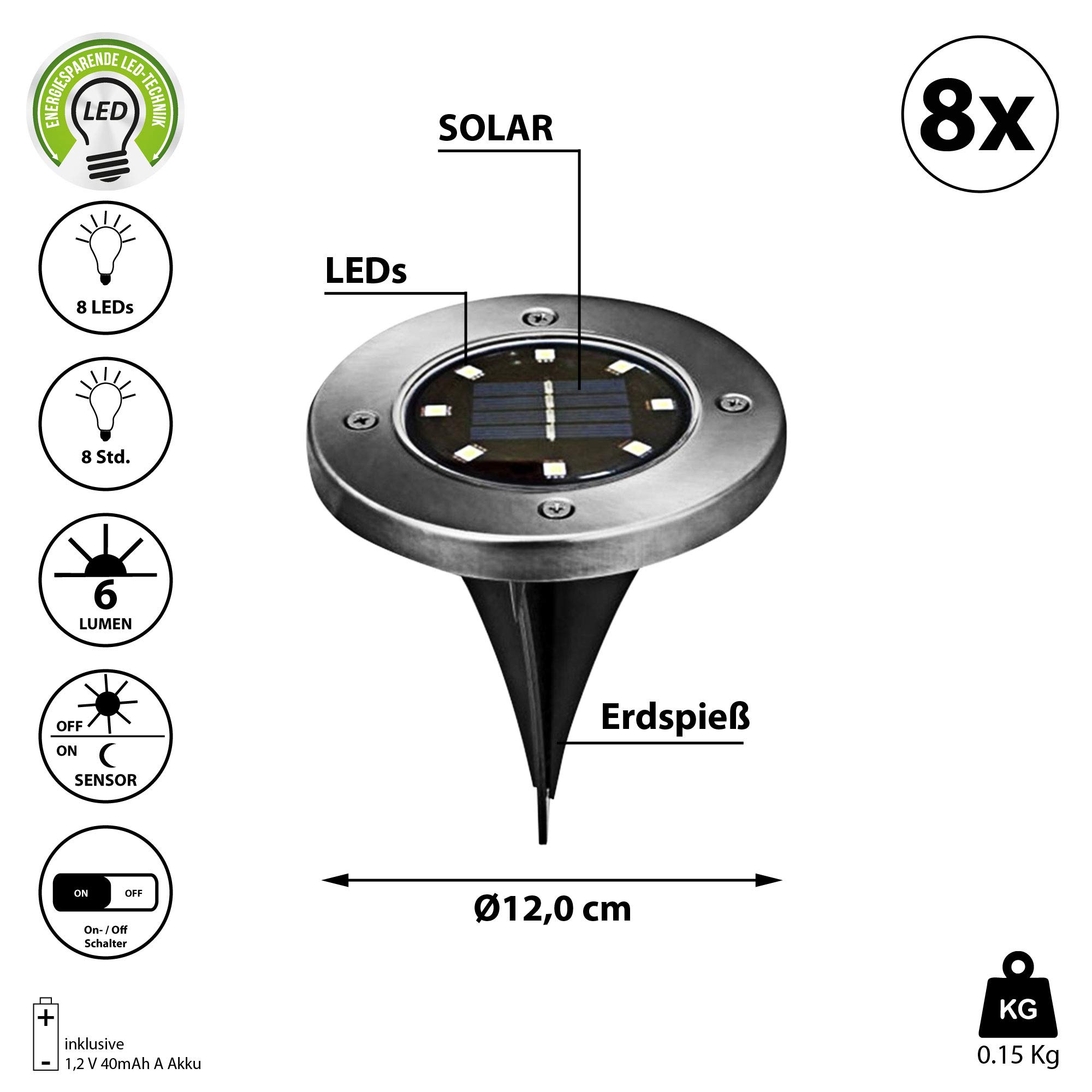 Solarna lampa ścieżkowa, zestaw 8 szt. z ostrzem do wbijania w ziemię, lampa ogrodowa ze stali nierdzewnej z 8 diodami LED Ø 12 cm (1 x zestaw 8 lamp LED z 8 diodami LED)