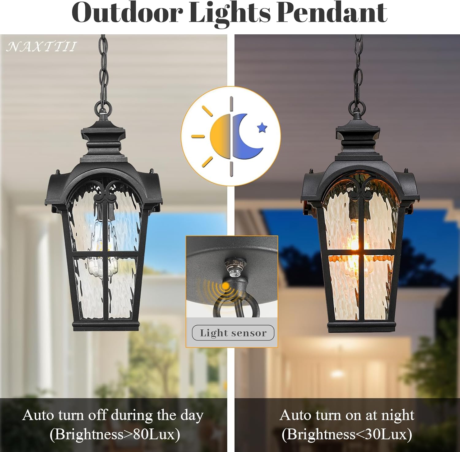 Waterproof Outdoor Pendant Light for Porch 18.5 Inch Large Hanging Porch Lights with Adjustable Chain Dusk to Dawn Aluminum Outdoor Hanging Light Fixture with Water Ripple Glass E26 Socket